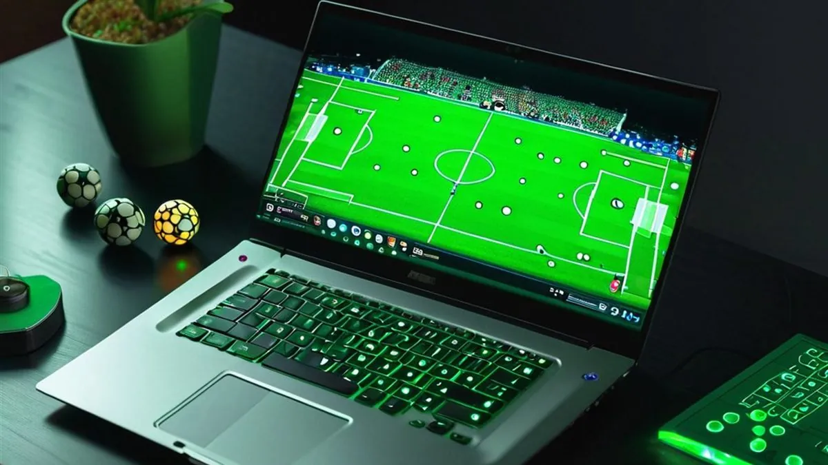 Laptop con una cancha de futbol vista desde arriba junto a balones y una planta