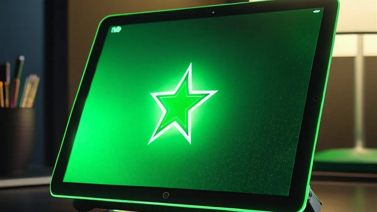 Tablet con una estrella verde luminosa en pantalla sobre un escritorio iluminado