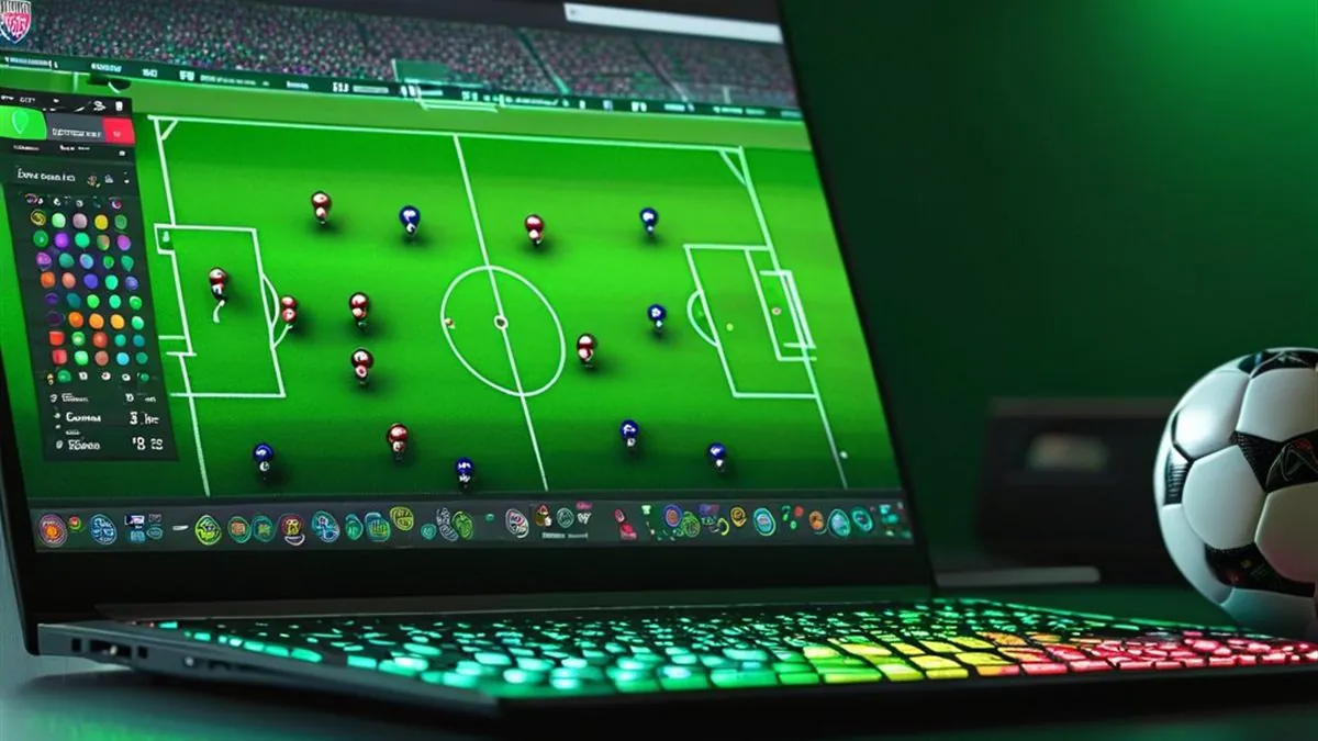 Laptop con una cancha de futbol y jugadores en pantalla junto a un balón